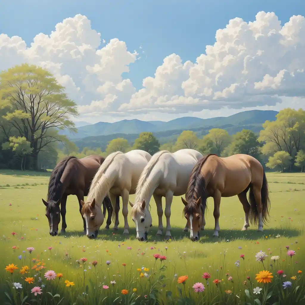 Horses Grazing On Fresh Spring Grass In Sunny Meadow