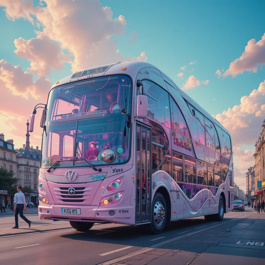 Ônibus futurista surreal em Paris como modelo de alta moda