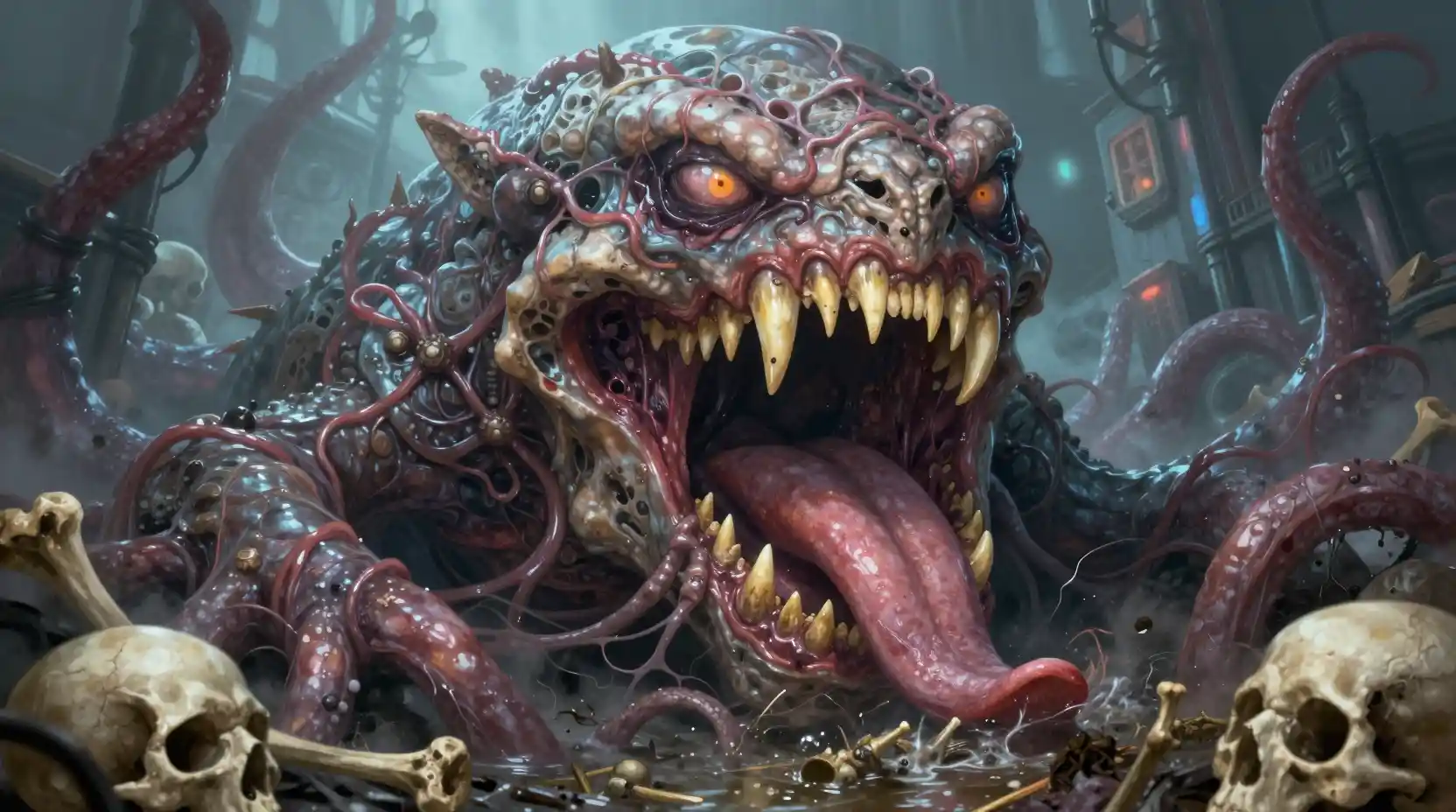 Monstro grotesco de esgoto com boca escancarada e caveiras