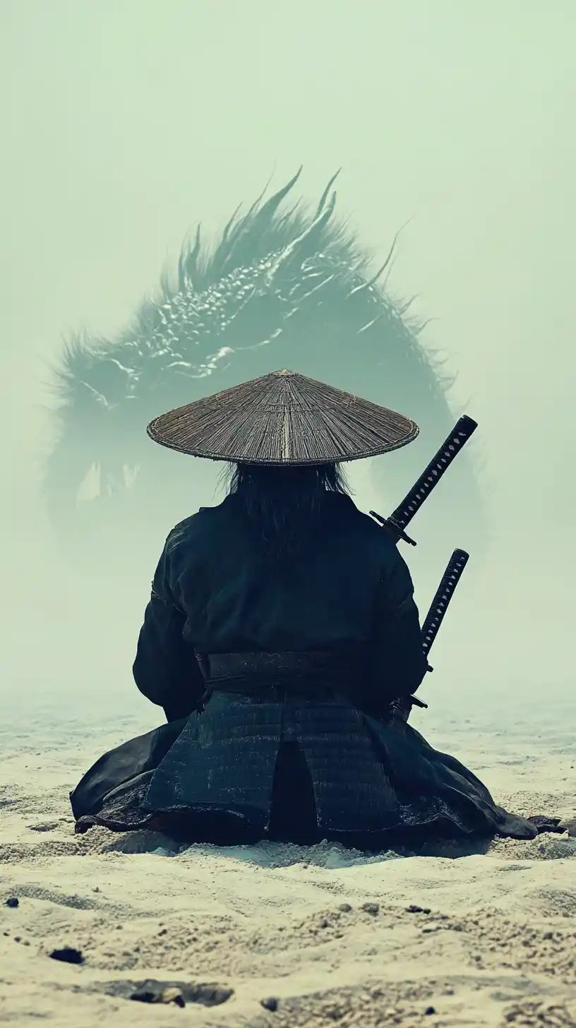 Samurai solitário ajoelhado na areia sob um céu silencioso
