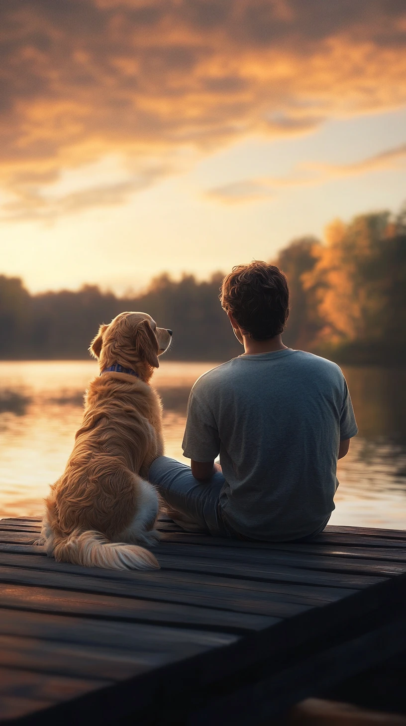 Jovem e golden retriever em um píer ao pôr do sol