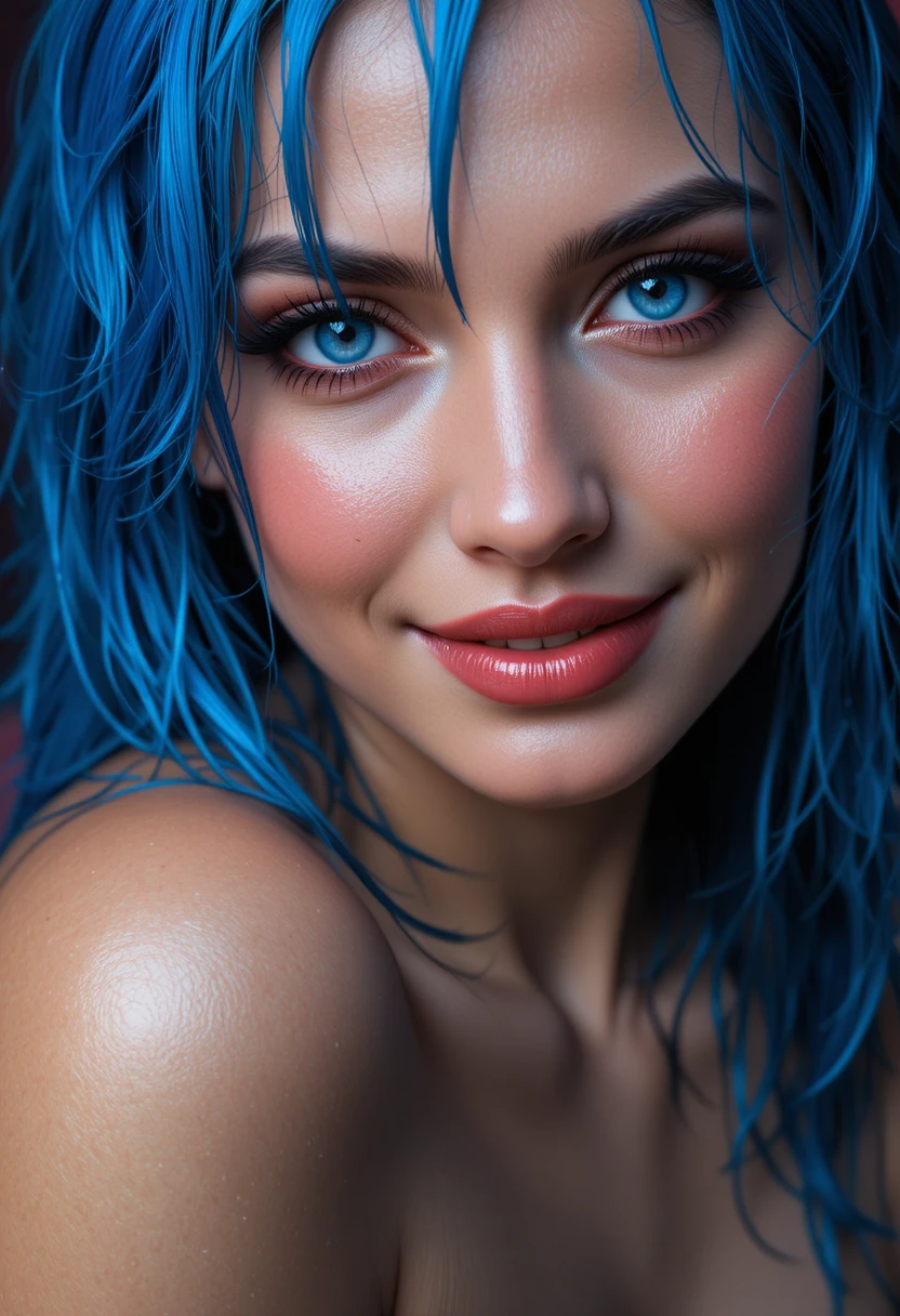 Retrato em close de uma mulher com cabelo azul molhado