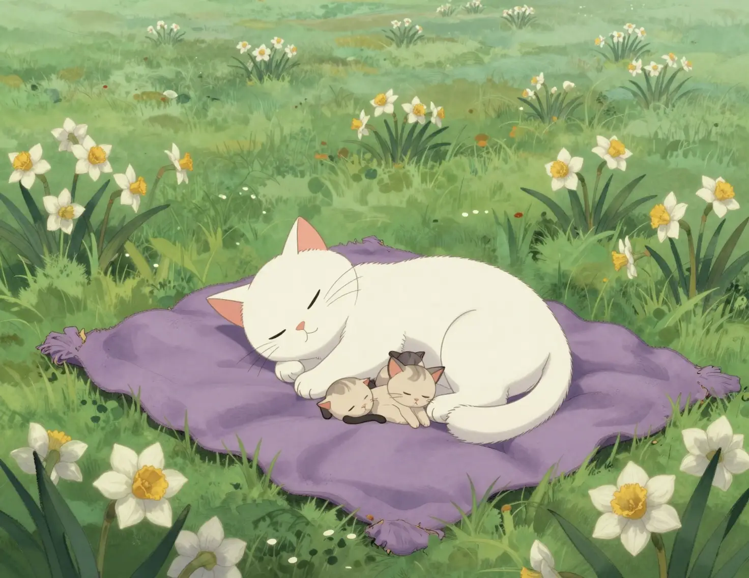草原でライラック色の毛布の上で眠る白猫と子猫たち