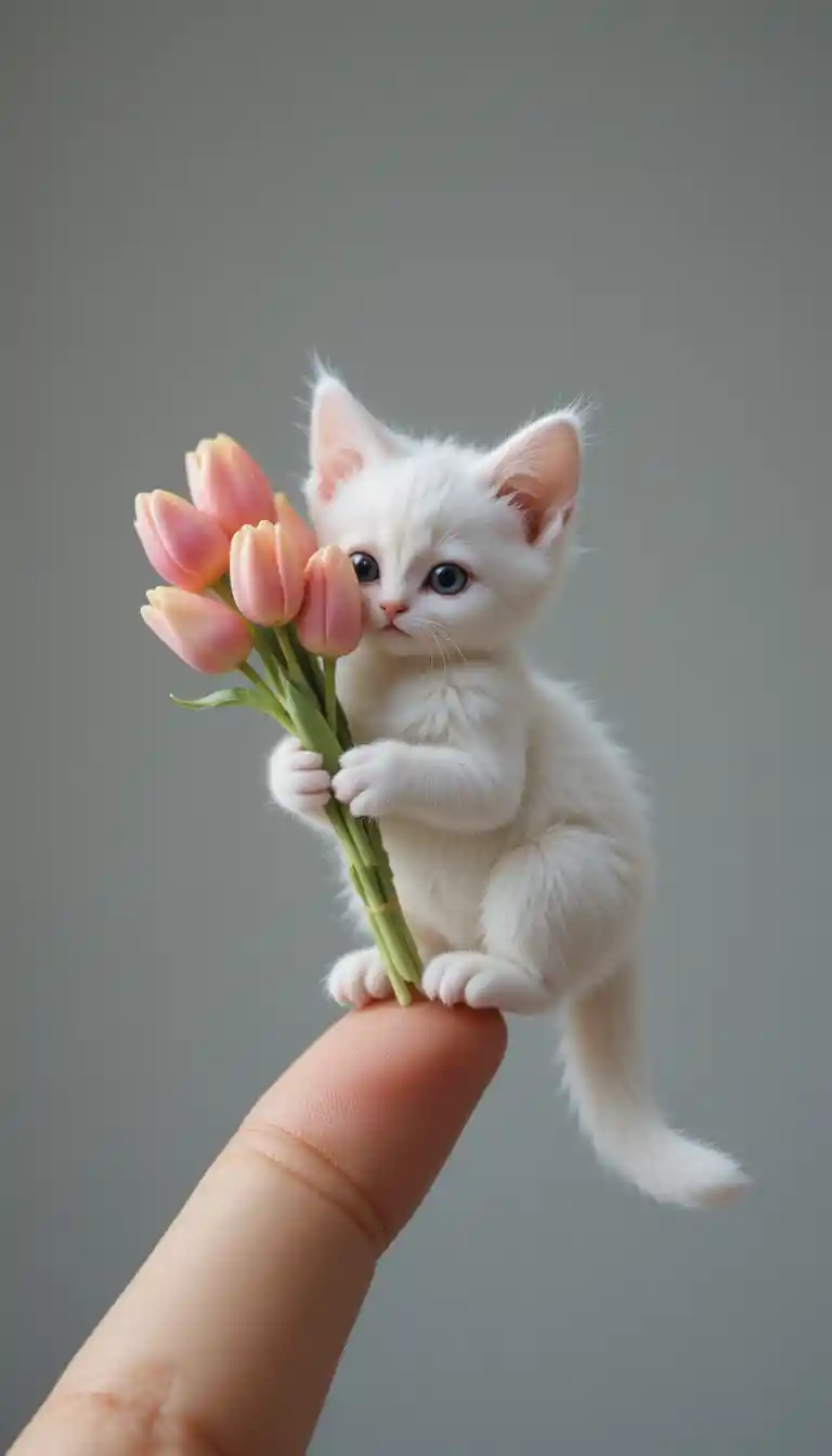 指先に乗る小さな白い子猫とチューリップの花束