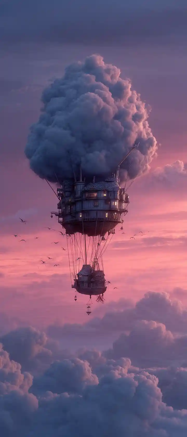 Gentle cloud airship lifting a sleeping child at twilight