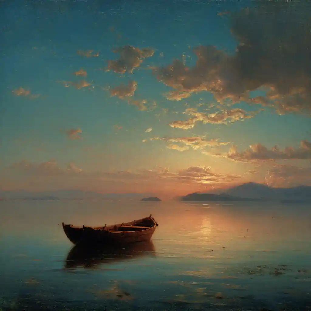 Italian Lake Boat At Peaceful Romantic Sunset Sky