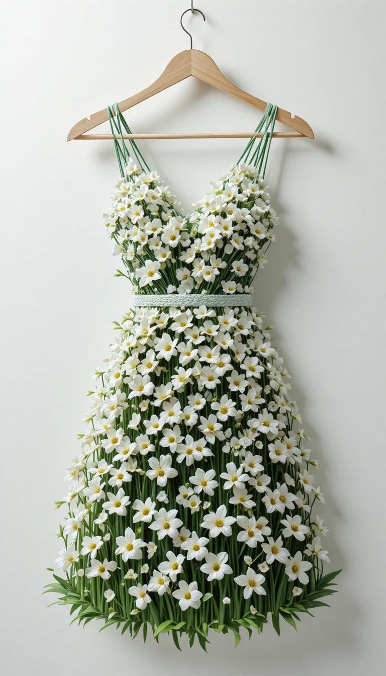 Close up 3D dress made of snowdrops on hanger