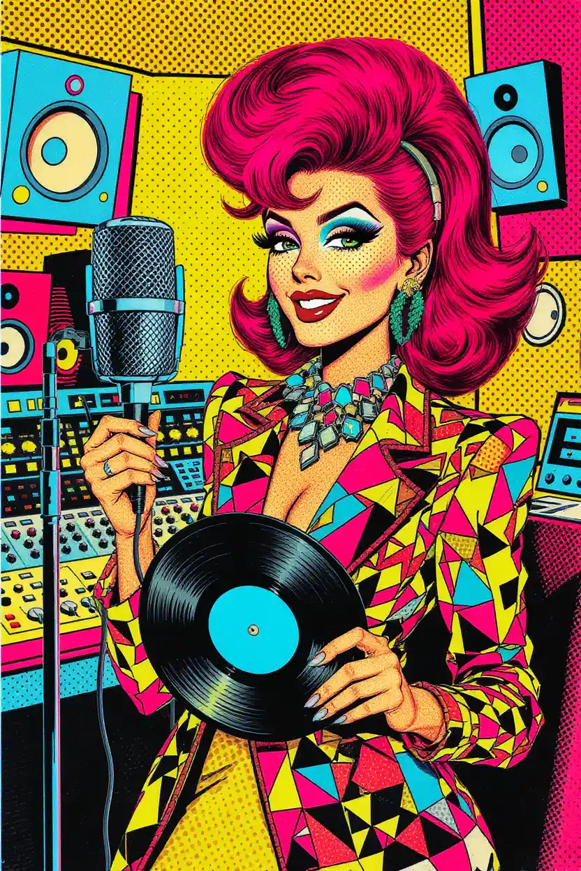 Donna retrò pop art in un colorato studio di registrazione