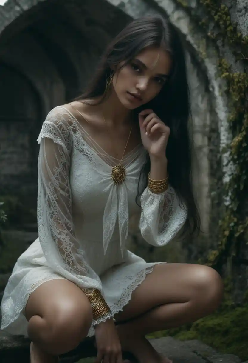 Donna in abito bianco di pizzo su antiche scale gotiche di pietra