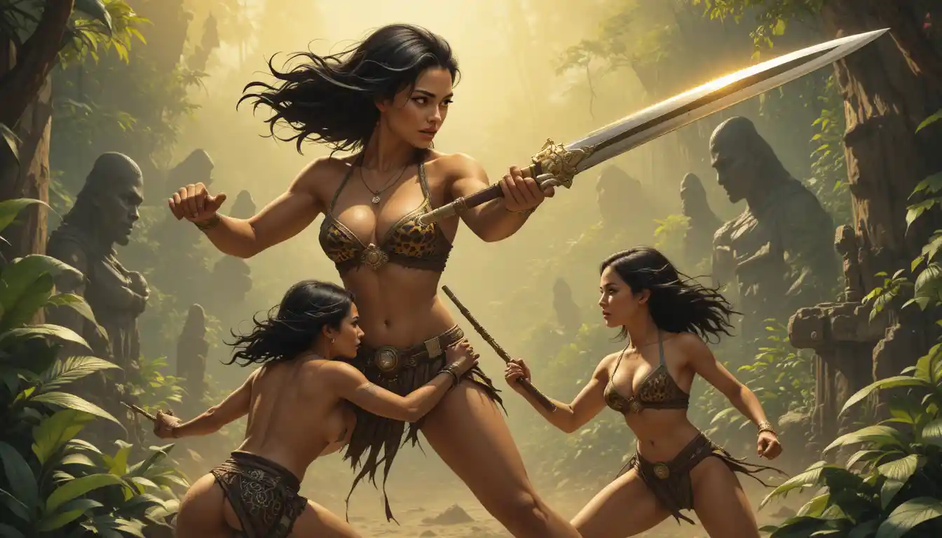 Muscular warrior women battling in a misty jungle