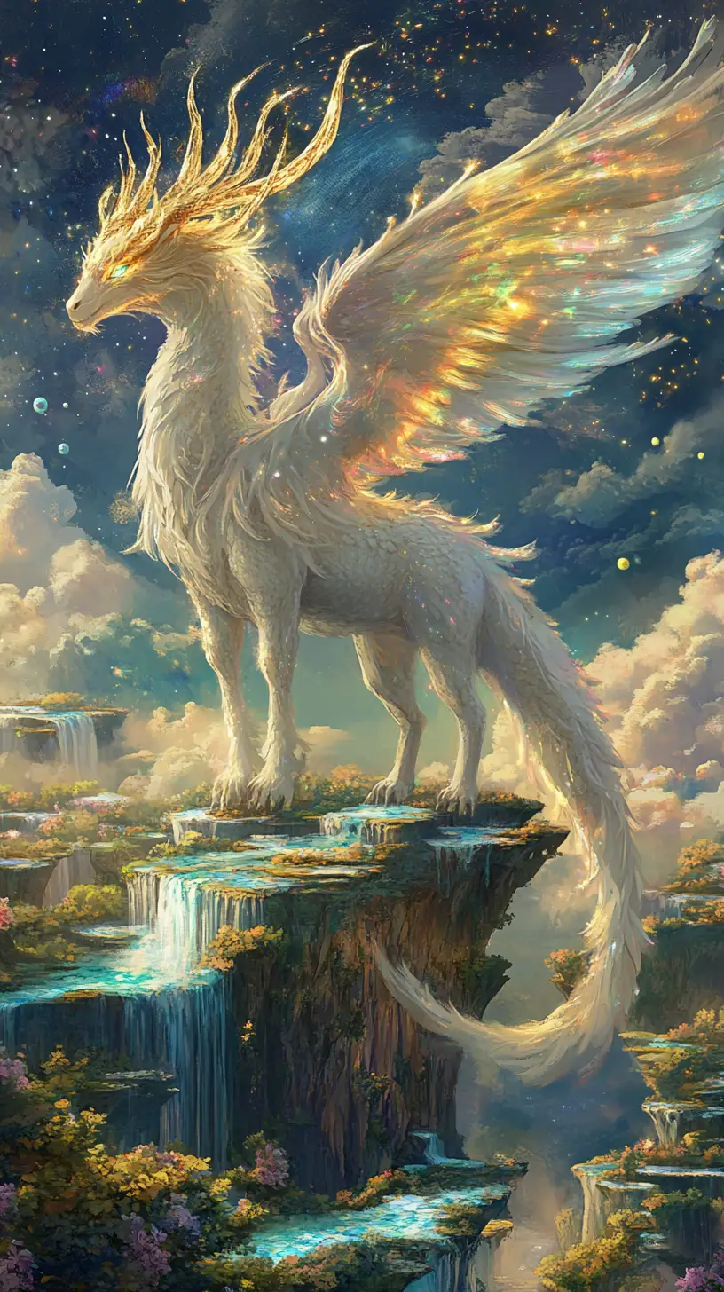 光輝天界巨龍翱翔於奇幻浮空島之上