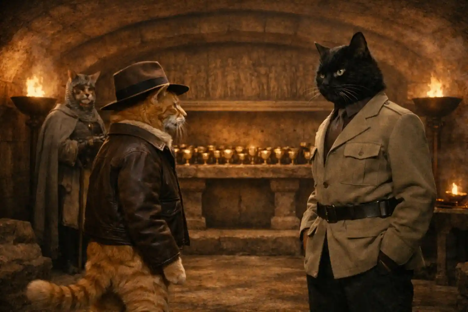 Adventurer cat in ancient stone grail chamber confrontation
