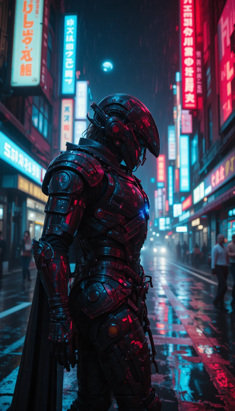 Gepanzerte Heldin in einer neonbeleuchteten Cyberpunk-Stadtstraße