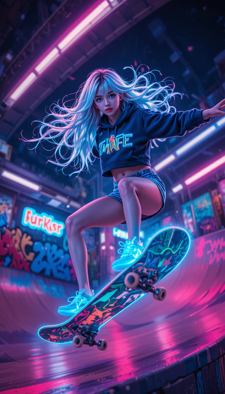 Chica anime de cabello neón sobre patineta en ciudad futurista nocturna