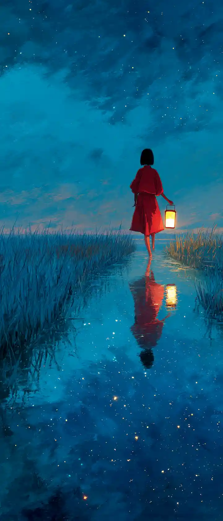 Ragazza con impermeabile rosso che attraversa una risaia allagata