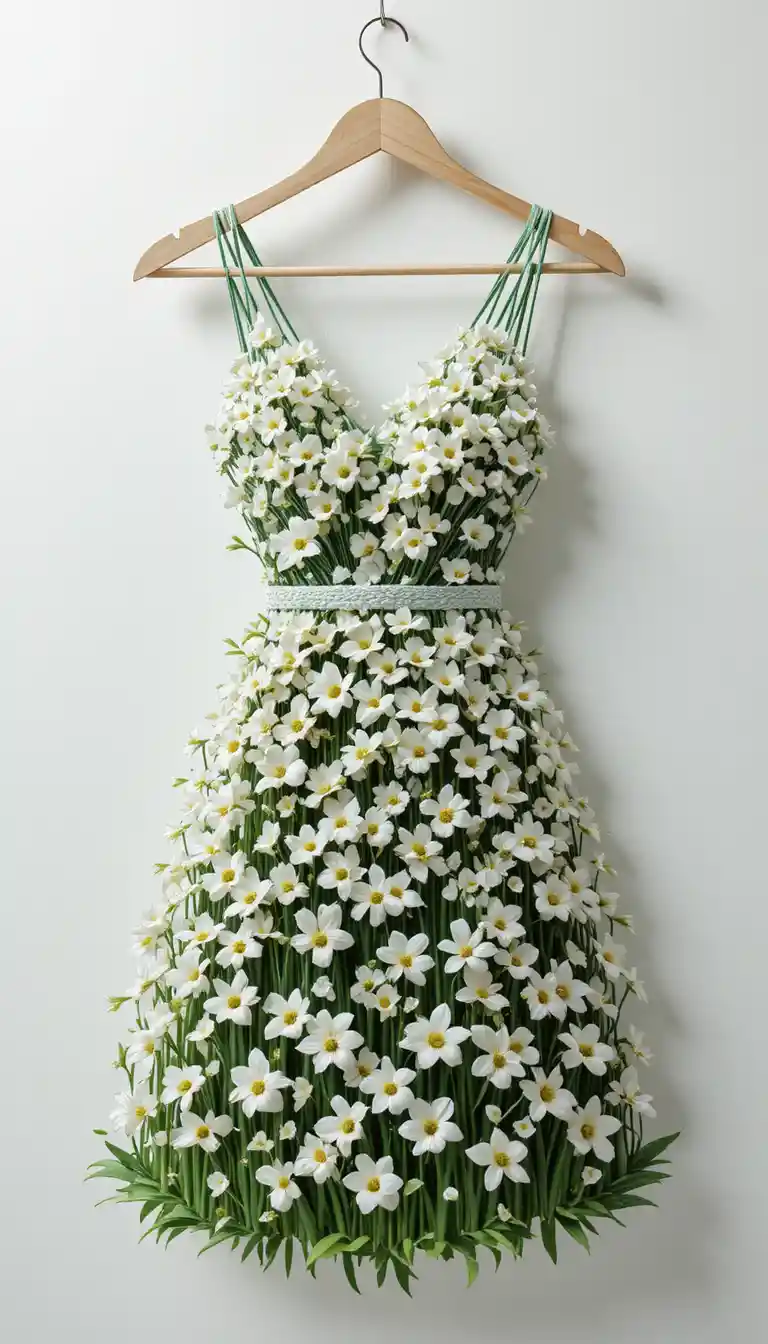 Close up 3D dress made of snowdrops on hanger