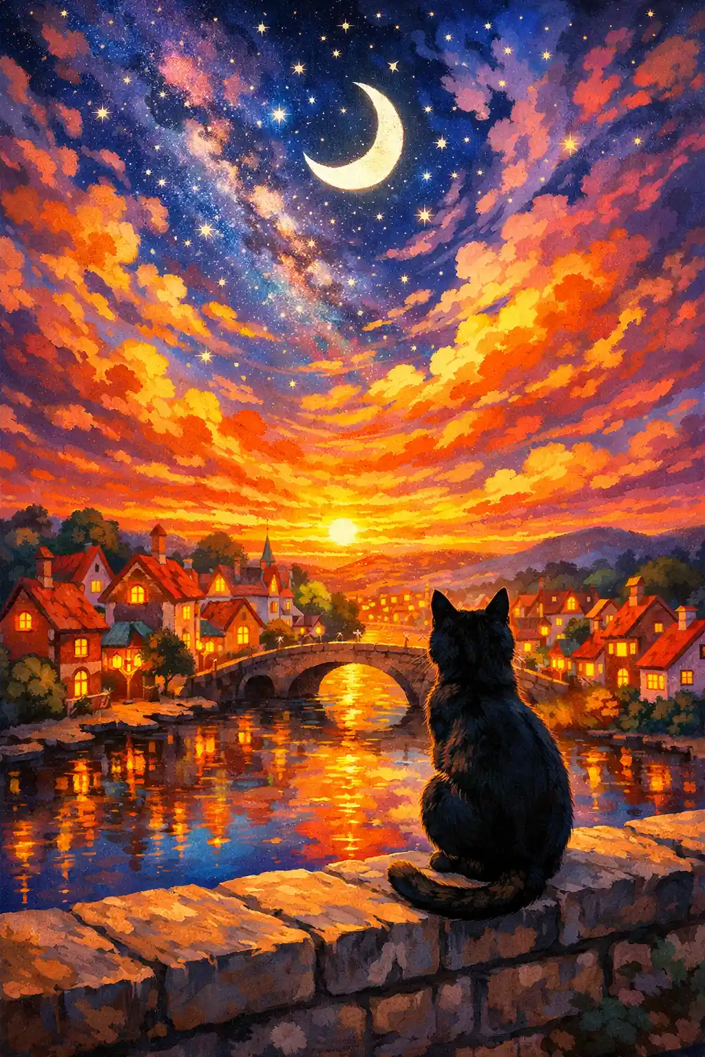黑貓凝望彩色奇幻村莊上的夕陽