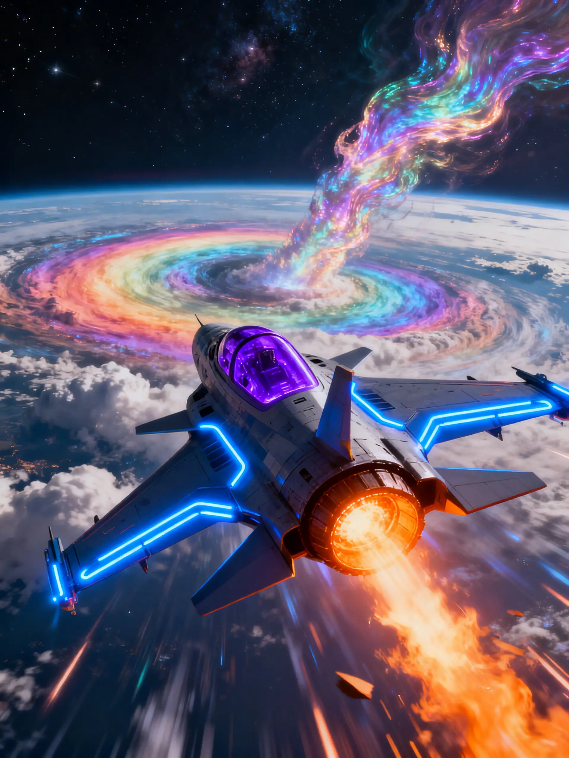 宇宙で音速の壁を破る未来的な戦闘機
