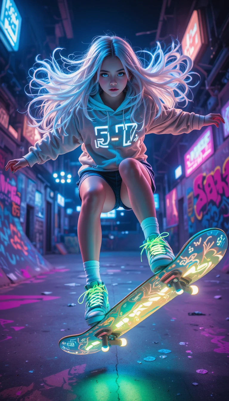 Chica de anime patinando bajo luces de neón por la noche