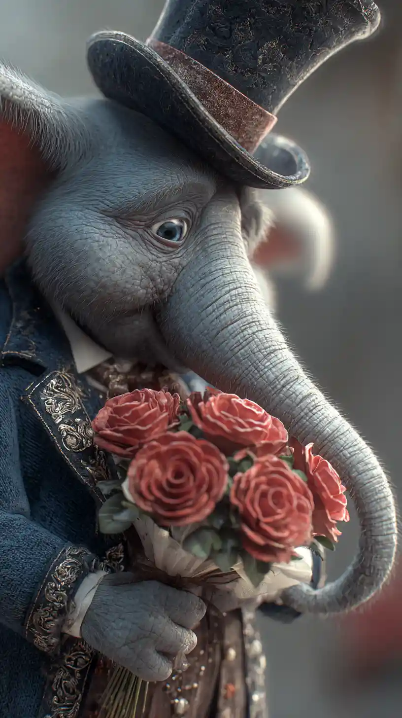 Shy elephant in victorian suit with red rose bouquet