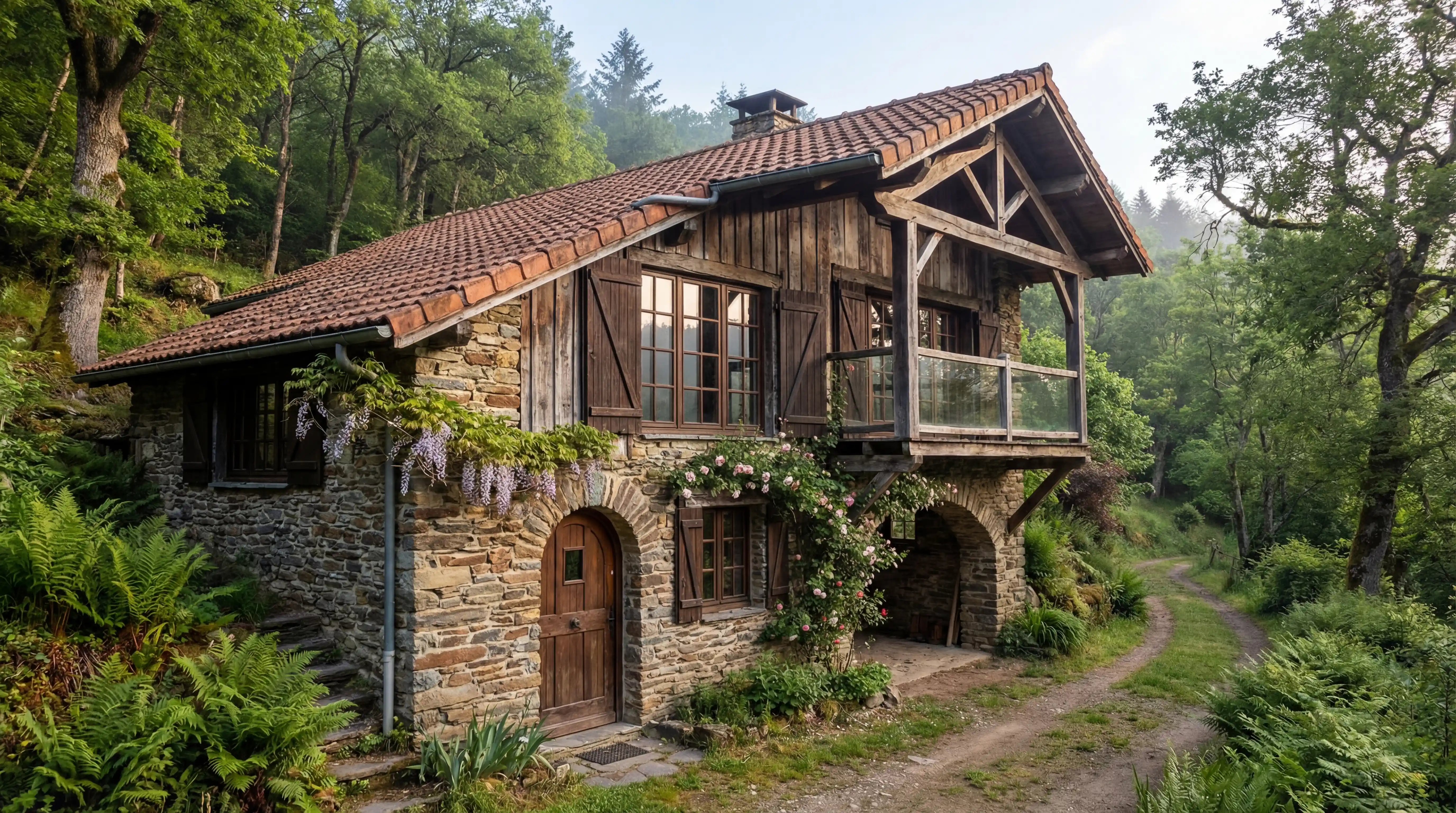Rustic Portuguese stone house nestled in lush green landscape