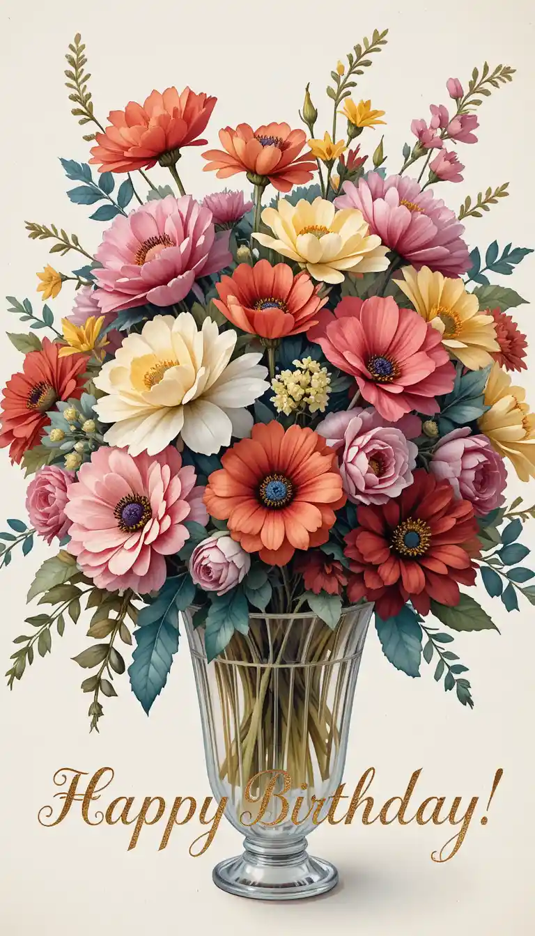 Aquarell-Blumenstrauß in einer Kristallvase