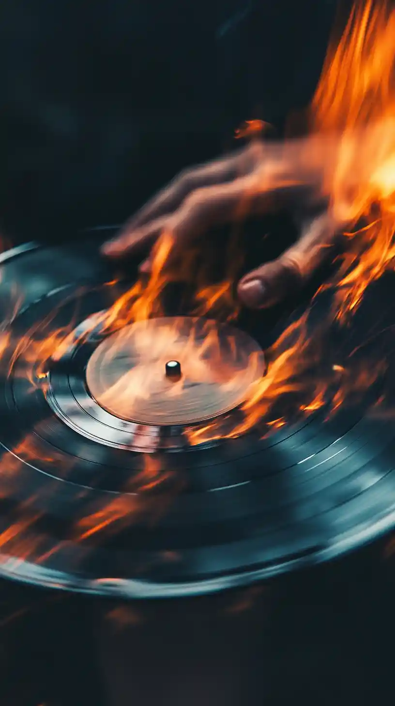 Blurry close up of a burning vinyl record in hand