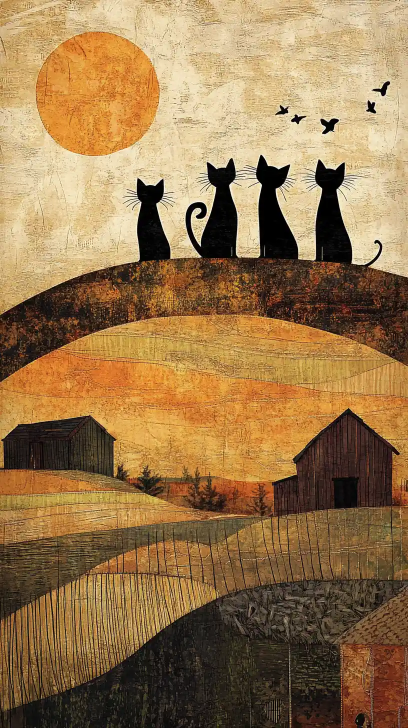 Gatti fantasiosi su un tetto rustico al tramonto