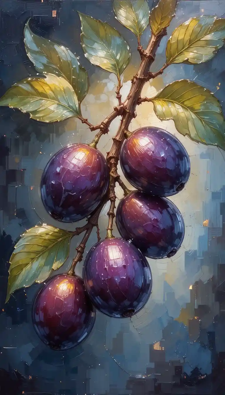 Prunes lumineuses suspendues à une branche dans un style pictural doux