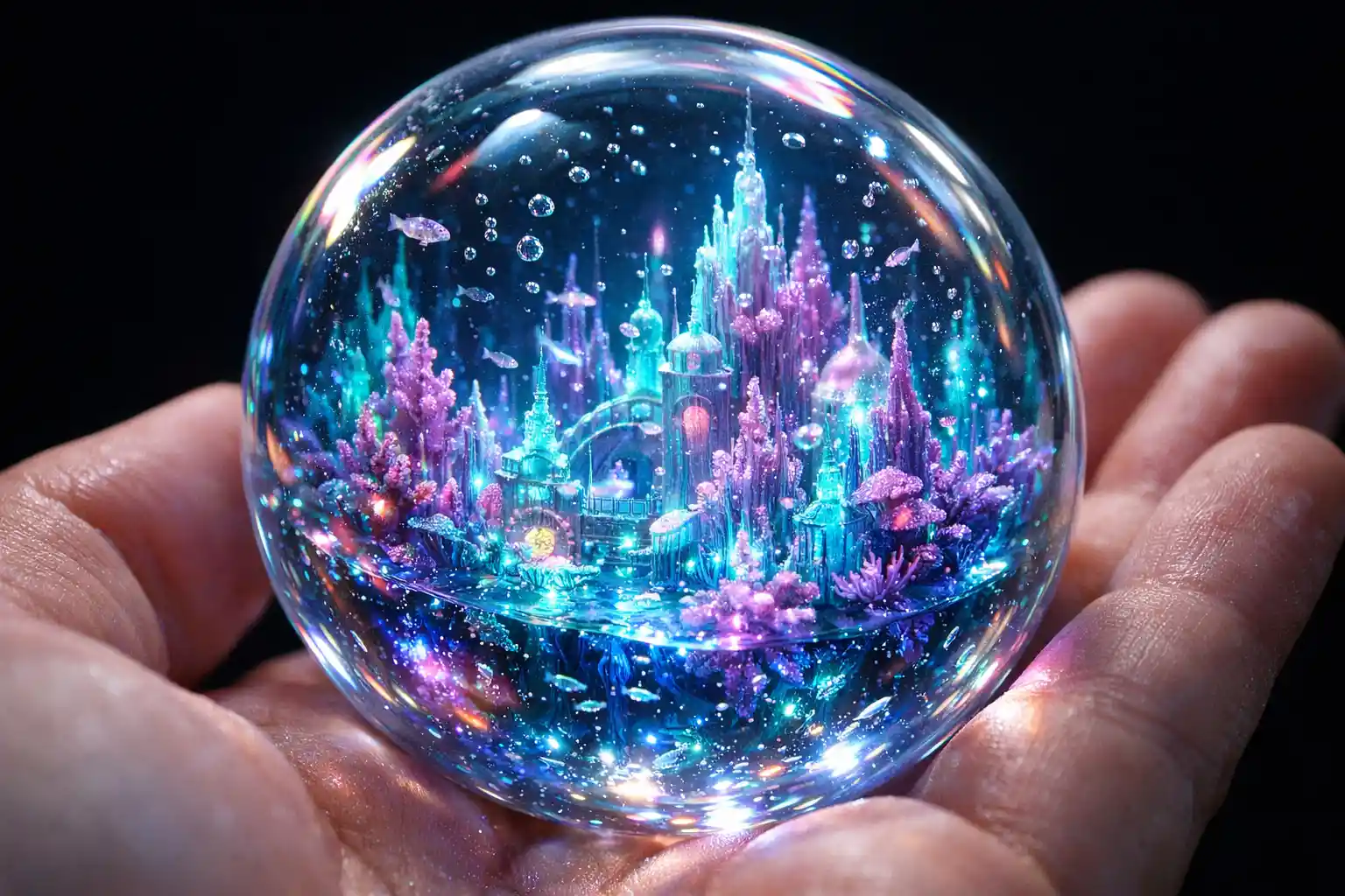 Bioluminescent Underwater Micro City Inside A Glass Marble