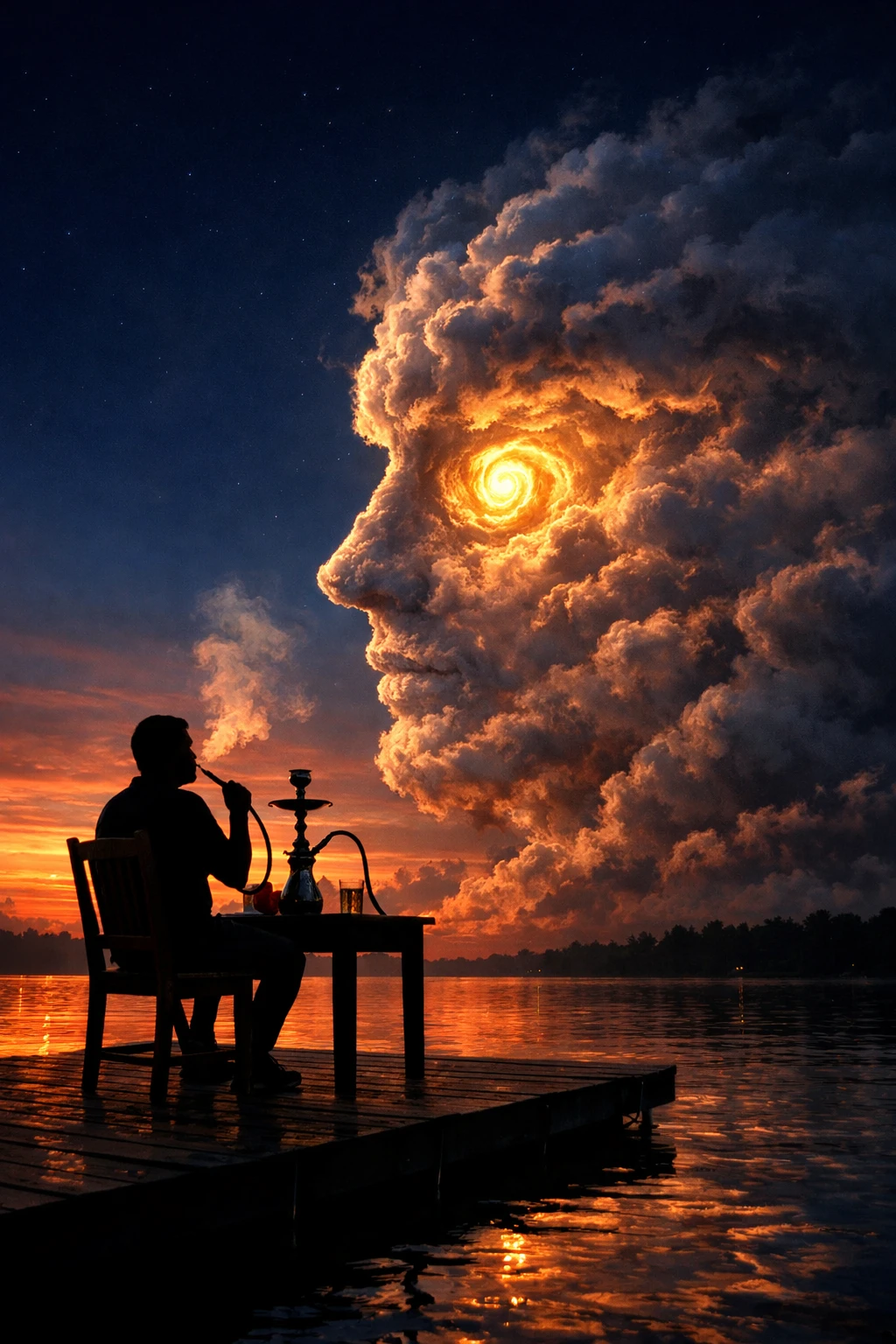 Man smoking hookah on dock beside swirling cloudy face