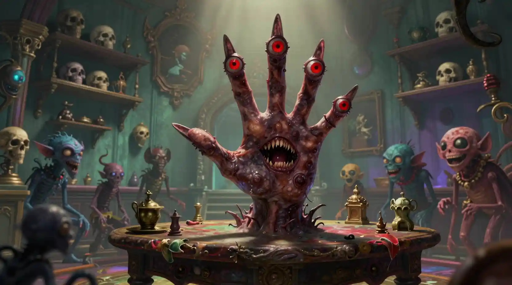 Creepy monster hand with red eyes on an ancient table