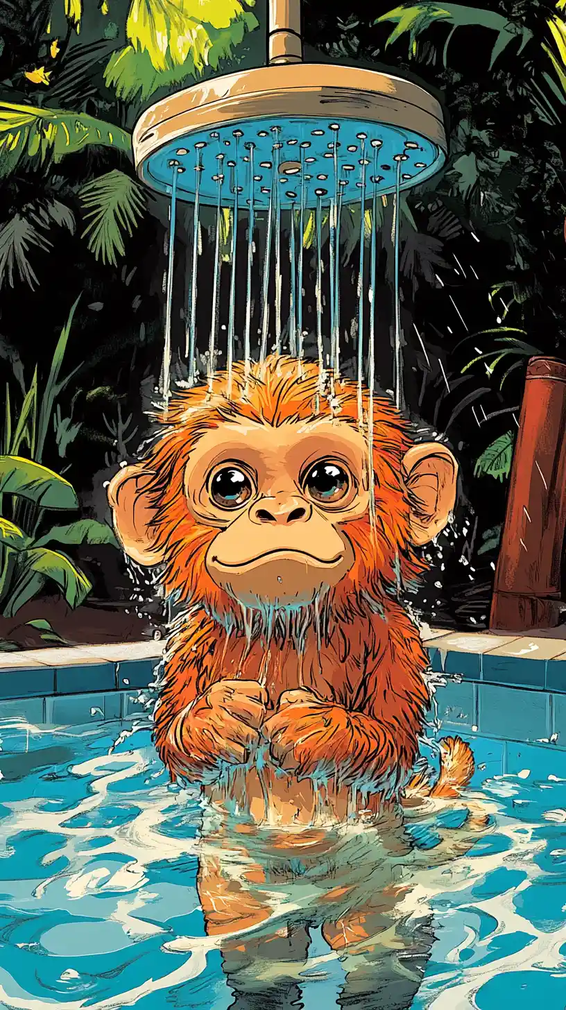 Playful monkey showering in a colorful pool illustration