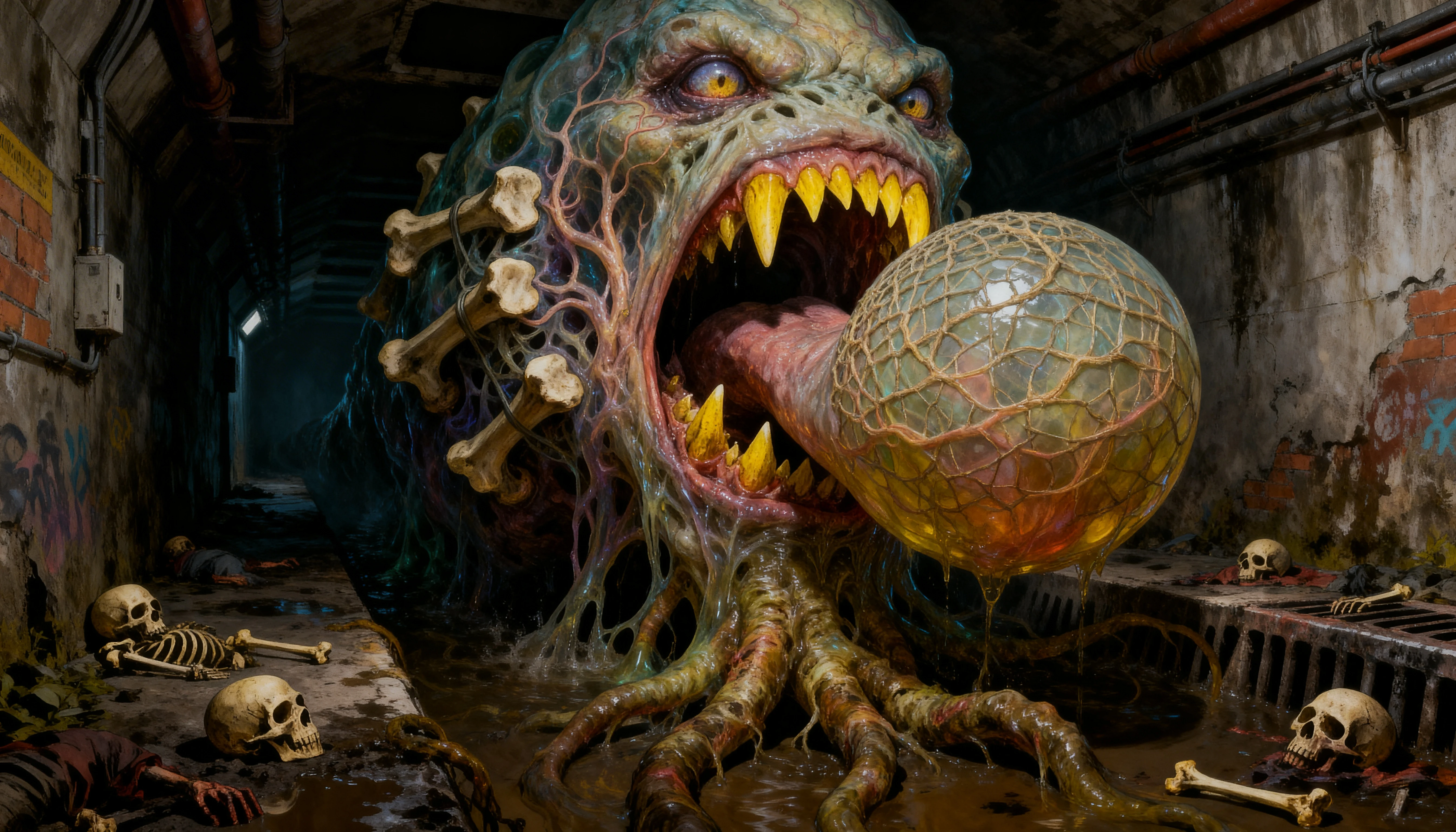 Monstro grotesco de esgoto com boca escancarada e tentáculos