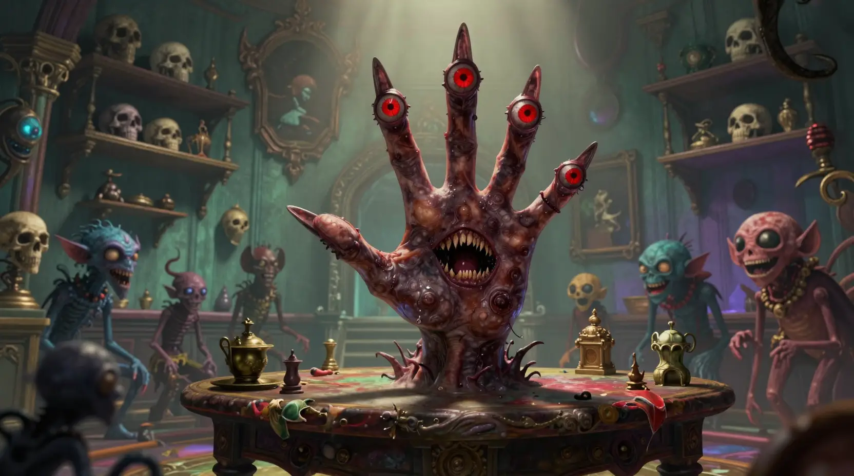 Creepy monster hand with red eyes on an ancient table