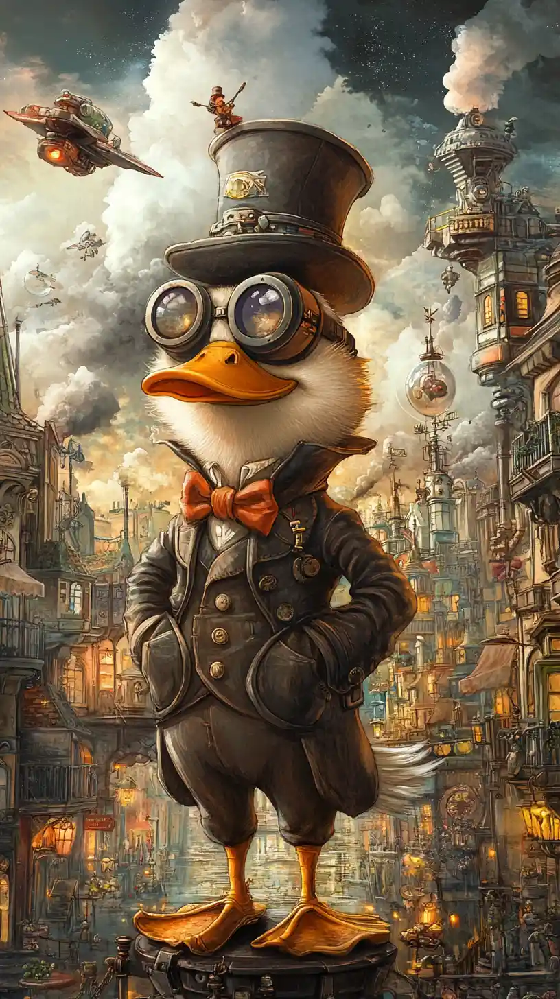 Pato elegante em uma paisagem urbana em miniatura steampunk e fantasiosa