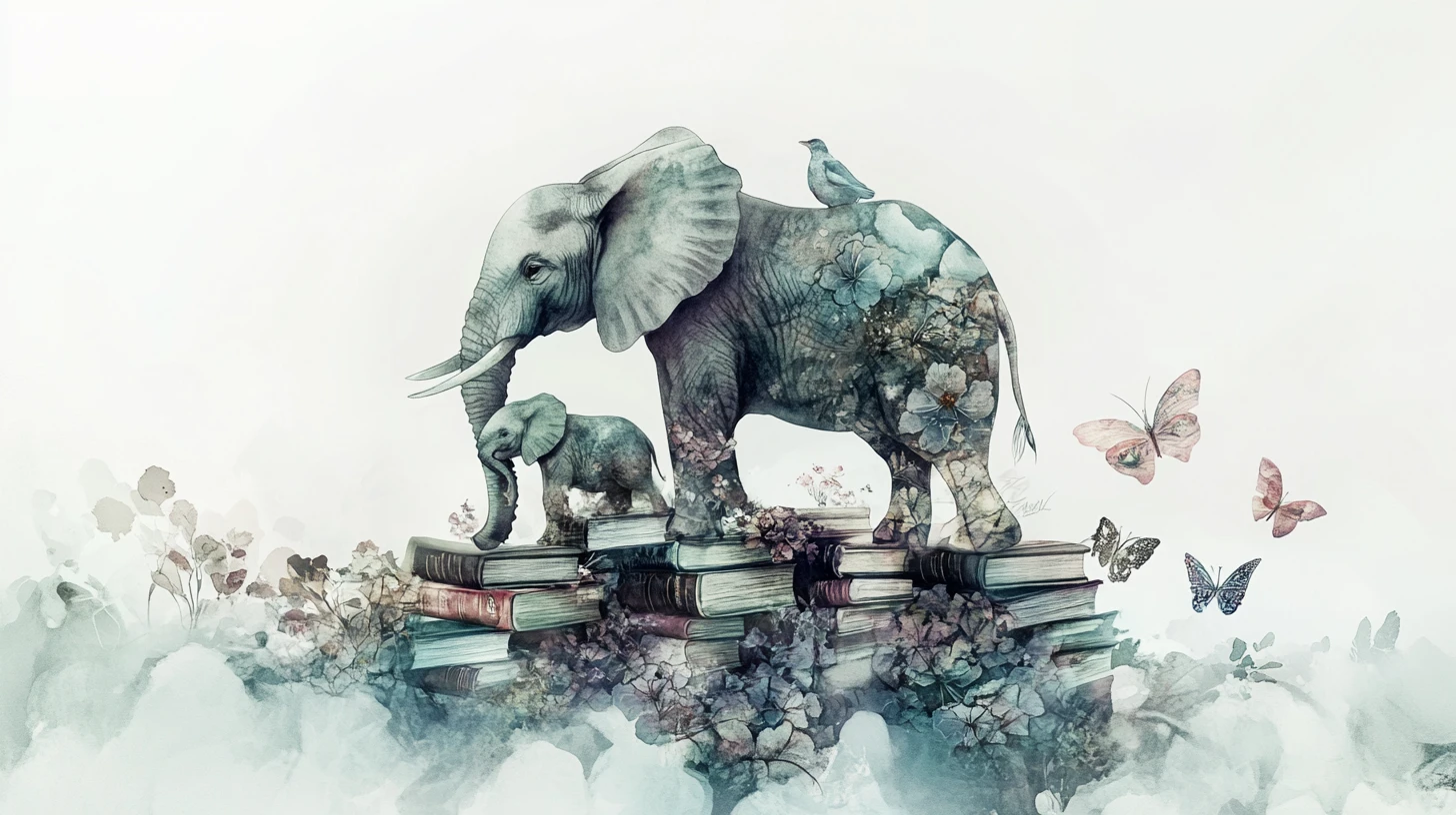 Elefante e filhote em aquarela onírica sobre livros empilhados