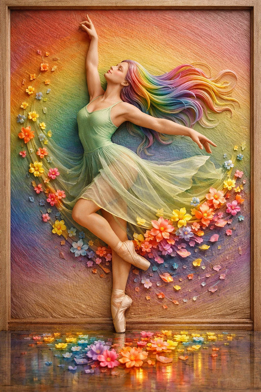 Bailarina surreal dançando entre flores neon e luz de arco-íris
