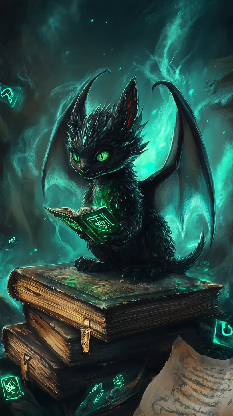 Small dark dragonling breathing emerald flame in arcane cave
