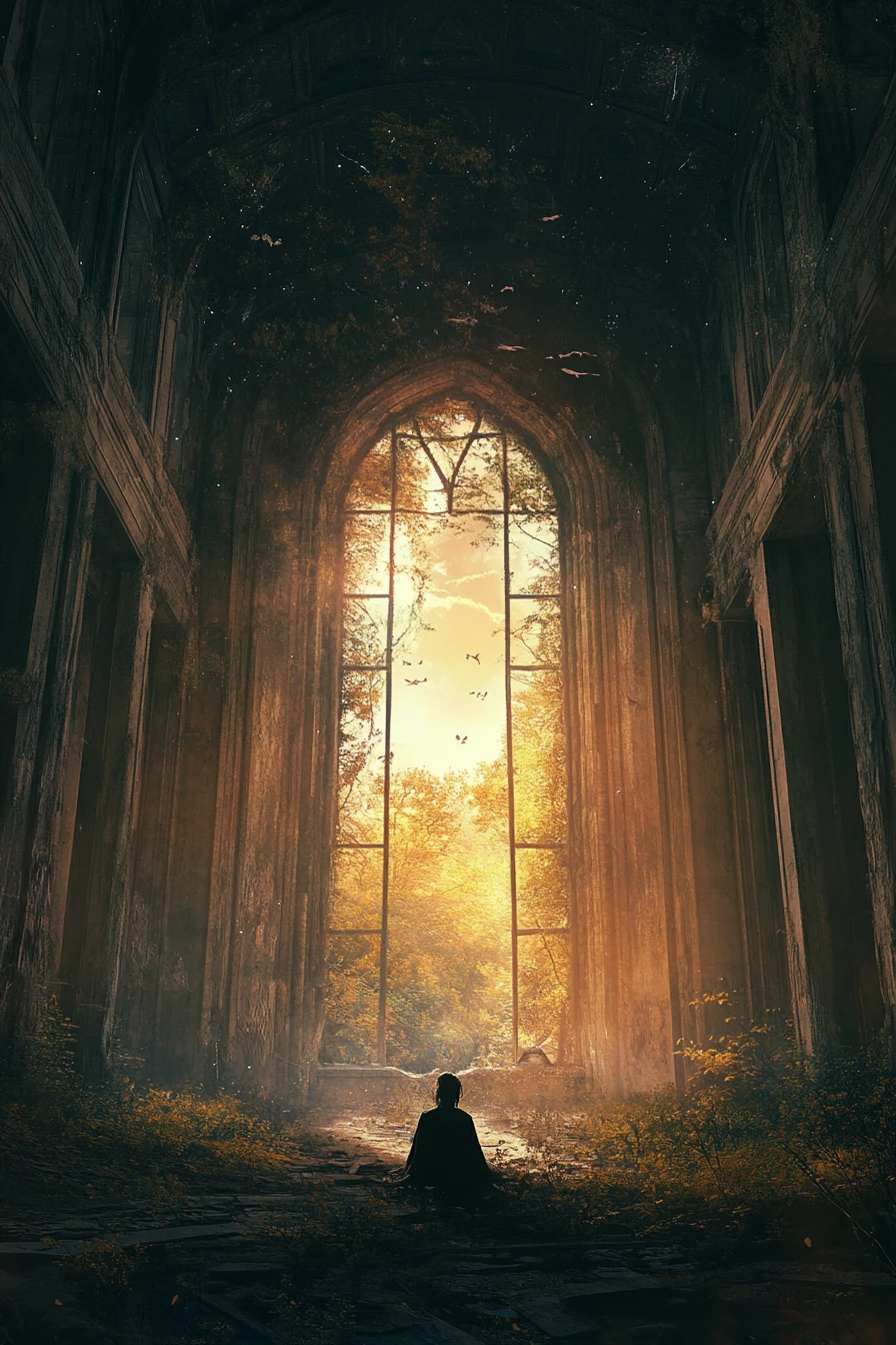 Girl sitting up at sunrise in a vast dark hall