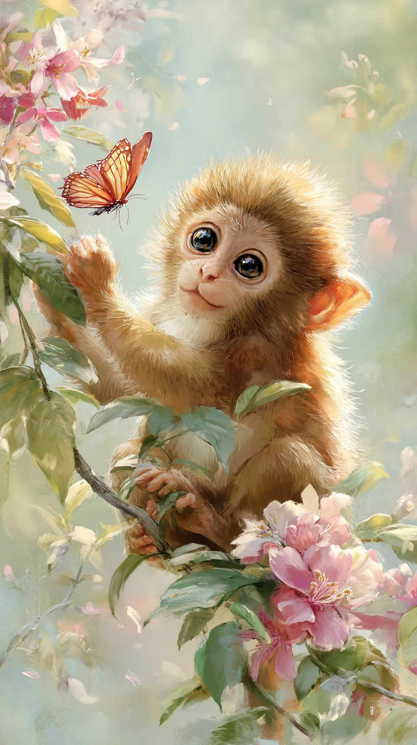Filhote de macaco observando borboleta em um galho florido na floresta