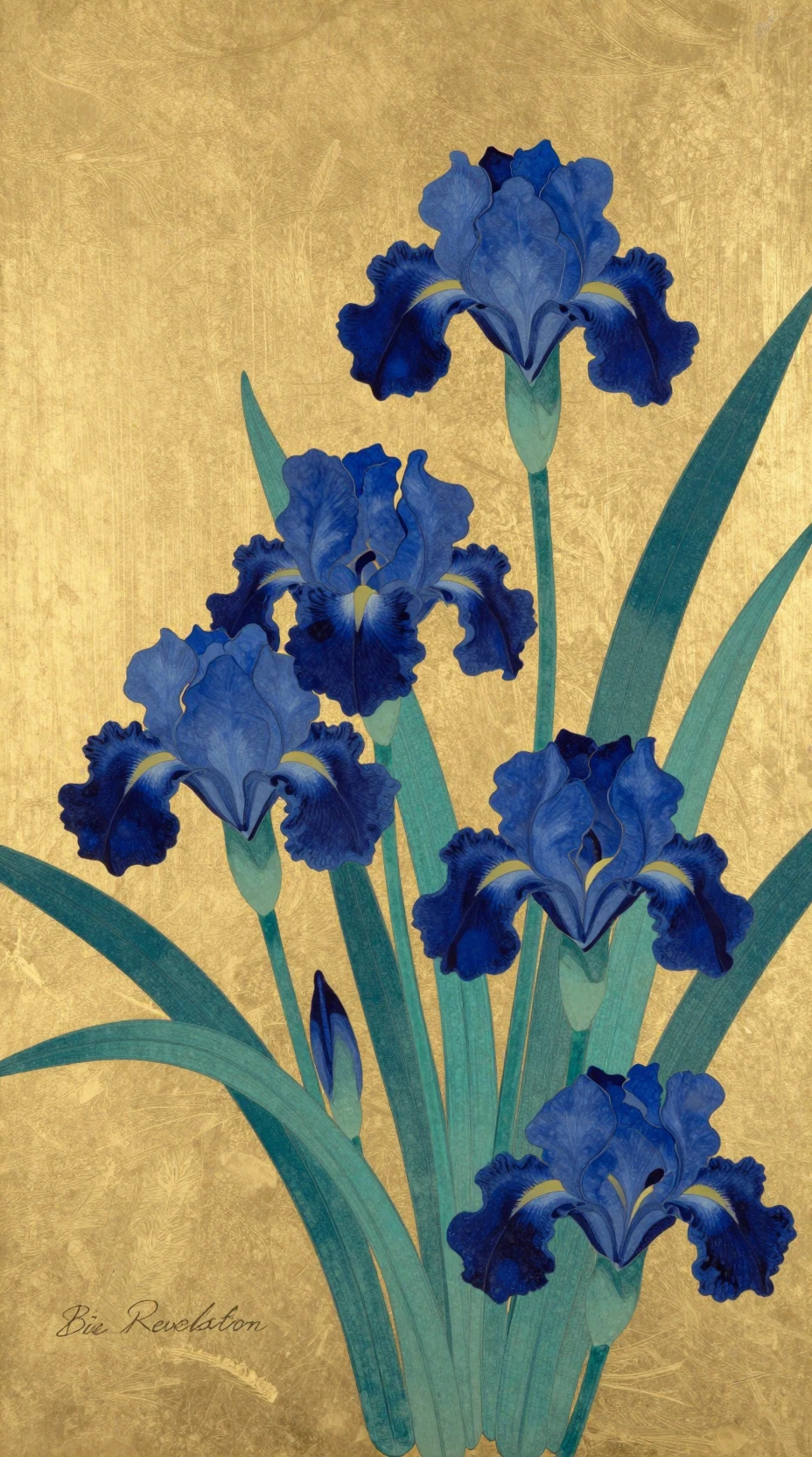 Dipinto stilizzato di iris su sfondo decorativo dorato scintillante