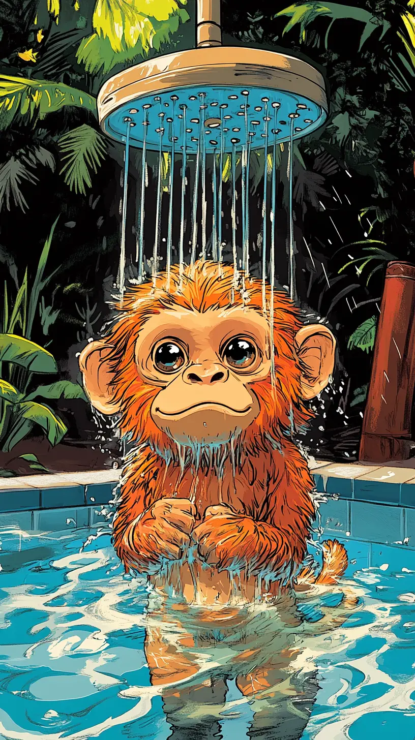 Illustration d’un singe joueur prenant une douche dans une piscine colorée