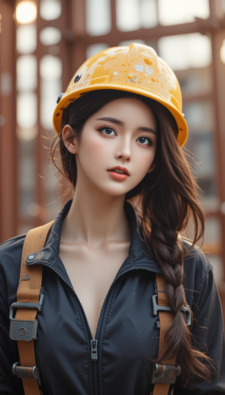 固定在鋼構上的女建築工人