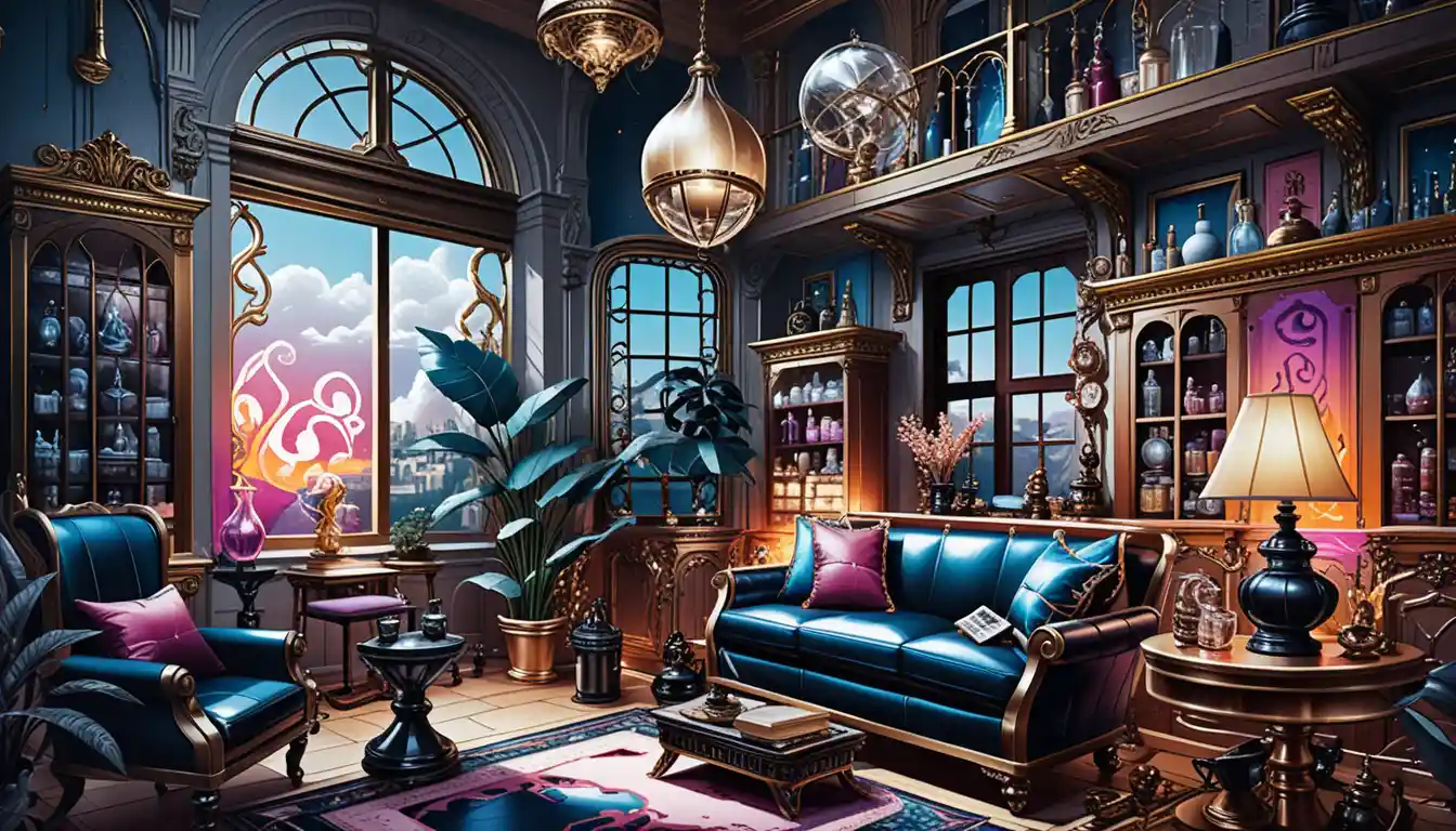 Interior de casa de fantasia 3D estilizada com cômodos expostos