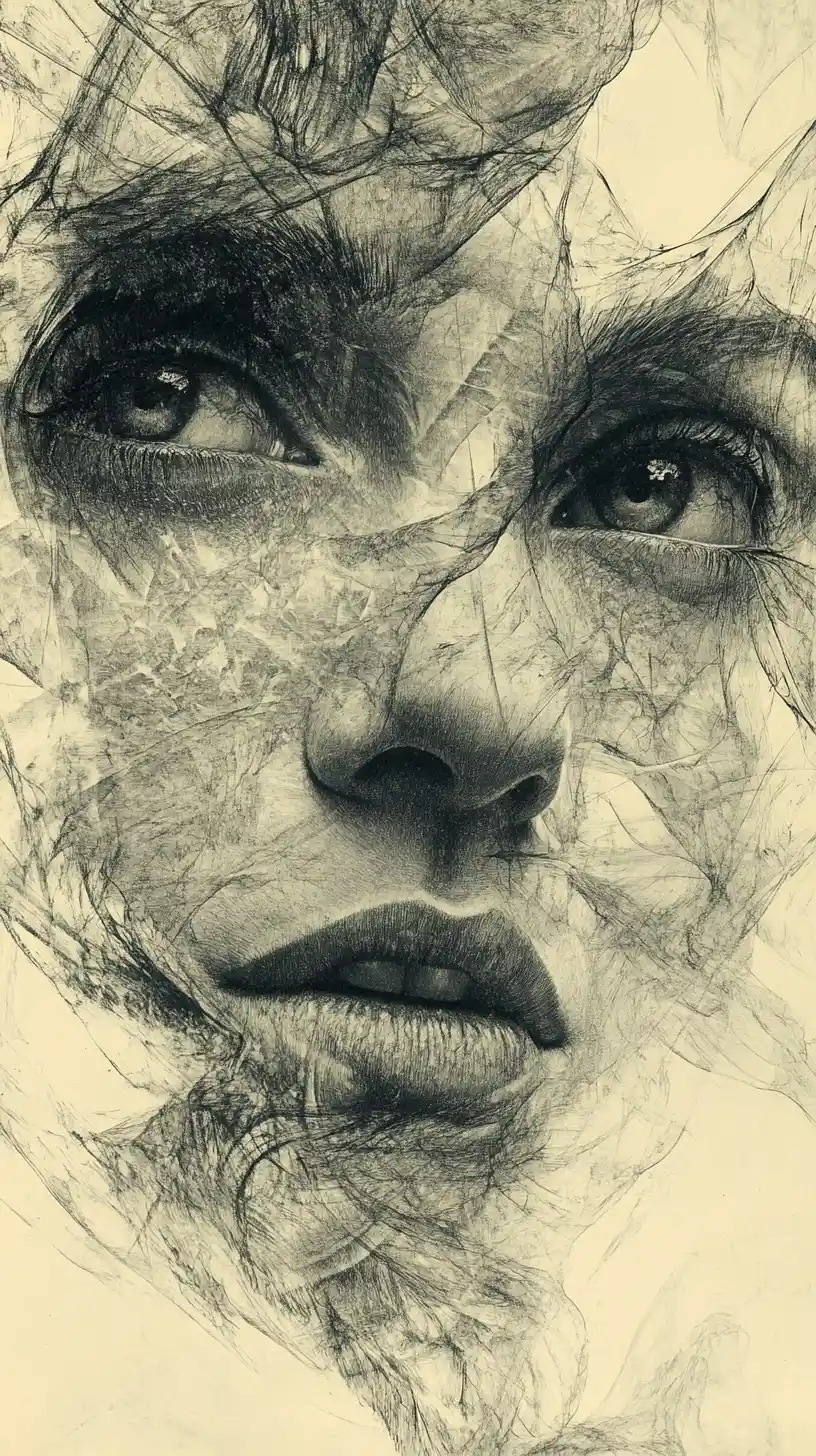 Rostro humano surreal con ojos facetados tipo libélula en dibujo