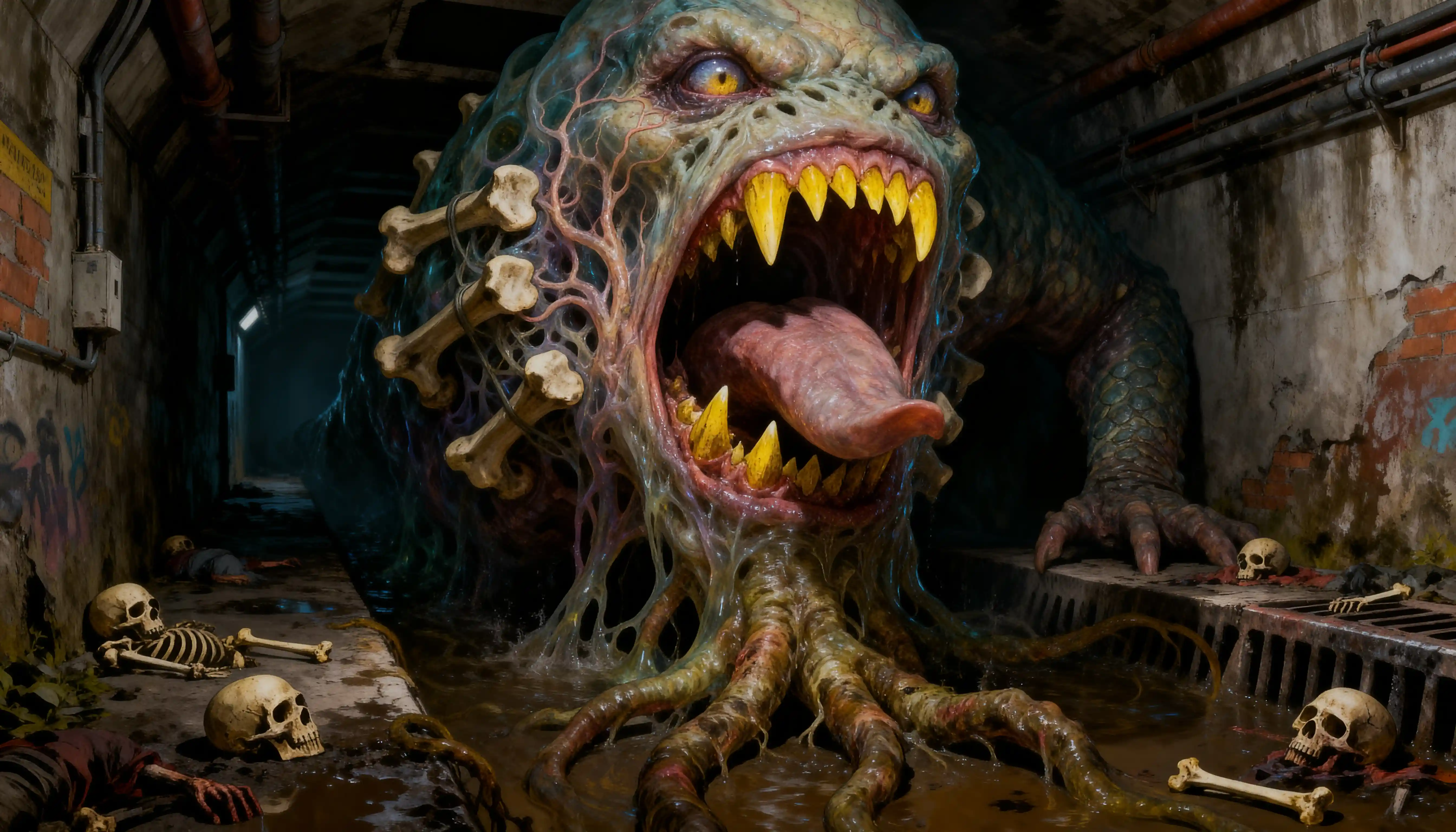 Monstro grotesco de esgoto com bocarra escancarada e dentes serrilhados