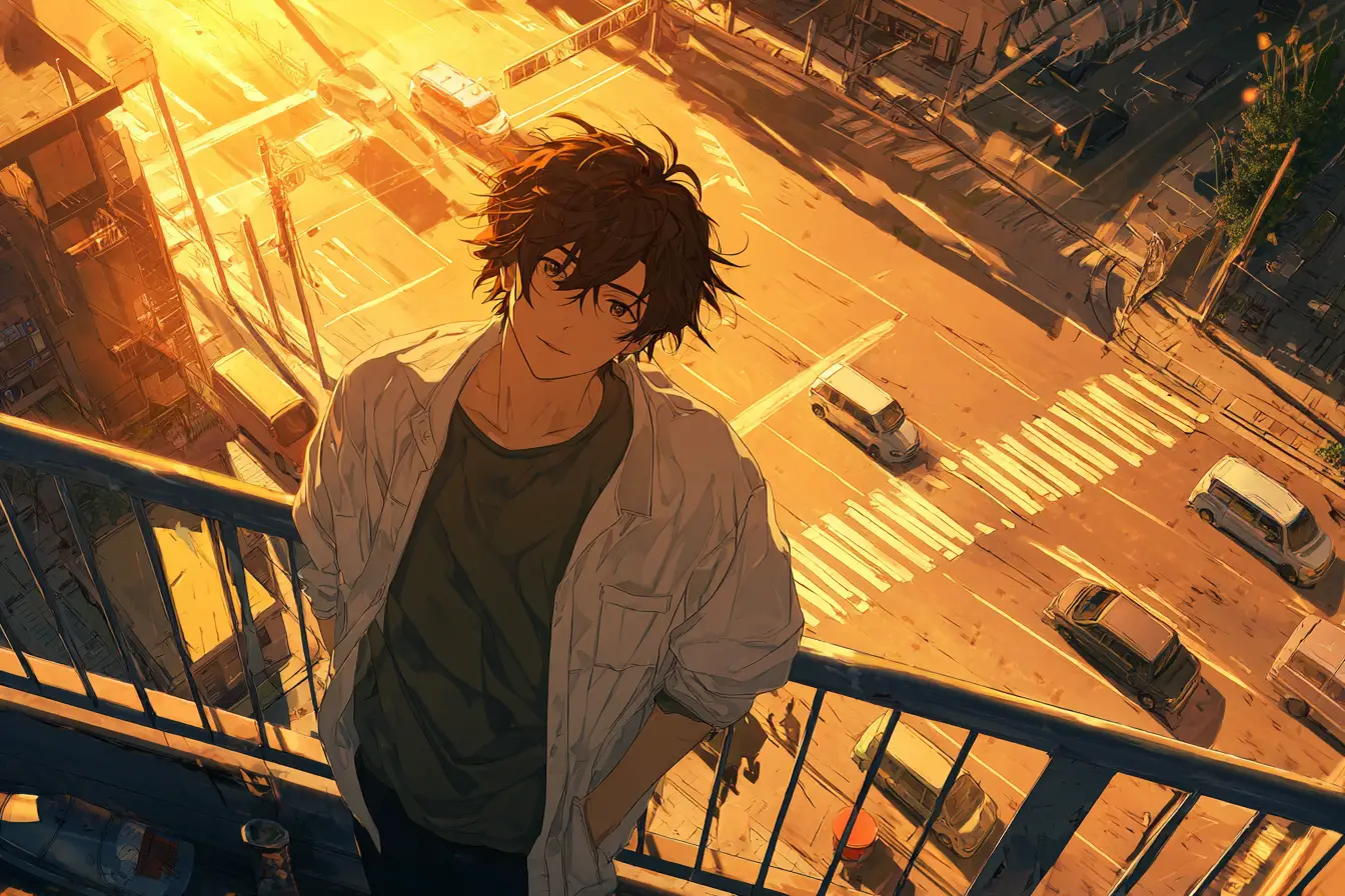 Brooding young man on golden hour city overpass
