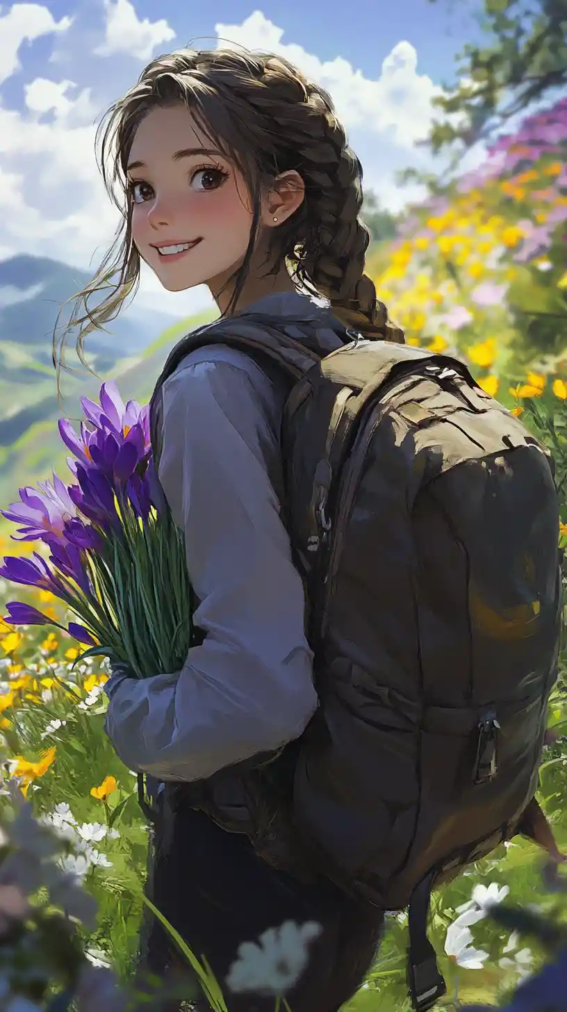 背包中灑出花朵的微笑動漫少女