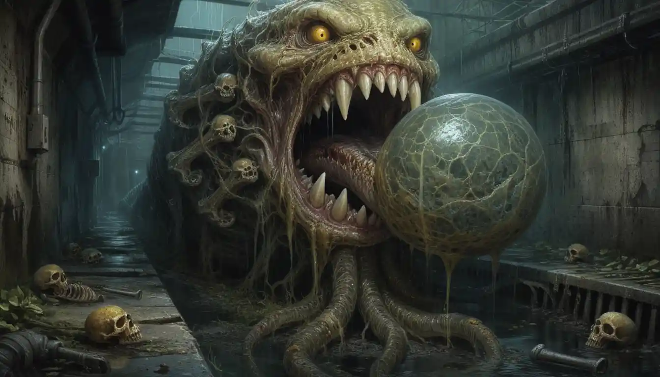 Mostro grottesco delle fogne con fauci tentacolari e teschi